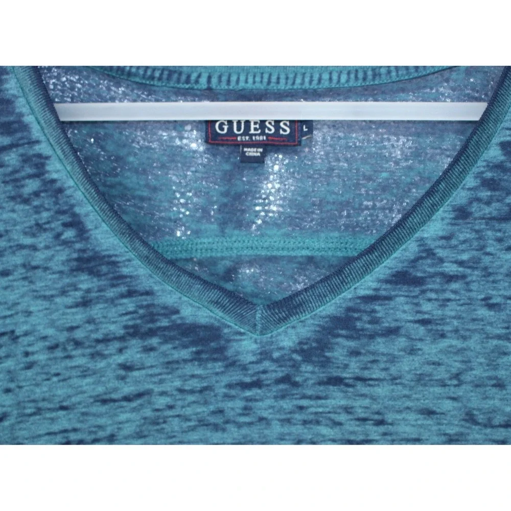 Guess Mens V-Neck Ombre Burnout T-Shirt Teal Blue Dip Dye Short Sleeve Large - Picture 3 of 5